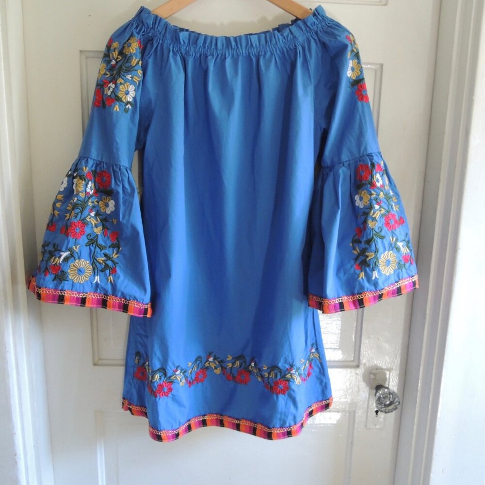 Velzera Royal Blue Embroidered Bell Sleeve Mini Dress Tunic S